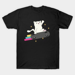 Funny Skater Cat Rainbow Skateboard T-Shirt